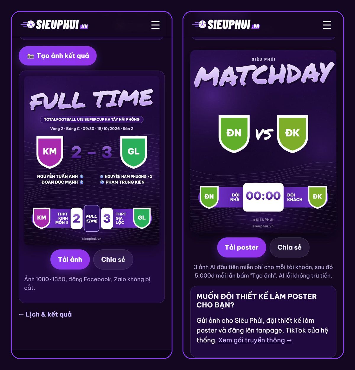 Ảnh kết quả FULL TIME và poster MATCHDAY tạo trên Siêu Phủi